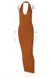 Серое модное сексуальное однотонное платье без рукавов с открытой спиной и лямкой на шее