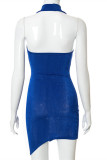 Blauwe mode sexy effen rugloze halter mouwloze onregelmatige jurk