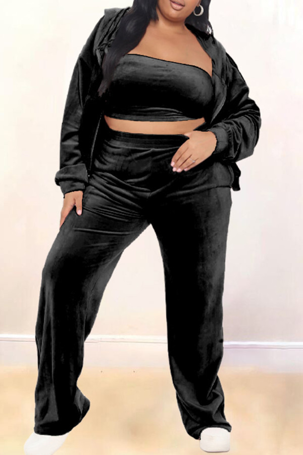 Black Fashion Casual Solid Cardigan Pants Hooded Collar Plus Size Two Pieces(Without Tube Top)