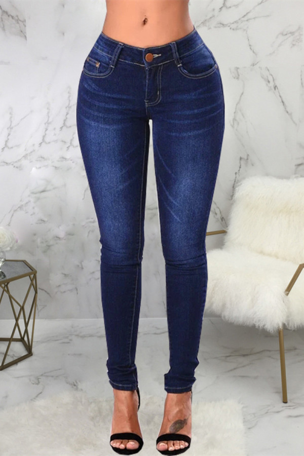 Jean skinny taille haute en denim bleu foncé à la mode décontracté solide