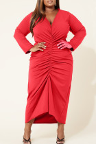 Красная повседневная однотонная лоскутная юбка с V-образным вырезом и одной ступенькой Платья больших размеров