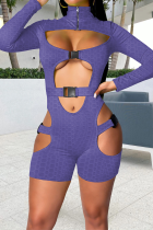 Purple Sexy Solid Hollowed Out Turndown Collar Skinny Rompers