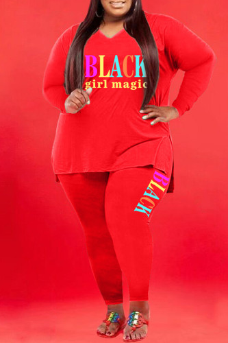 Red Fashion Casual Letter Print Basic V Neck Plus Size Two Pieces