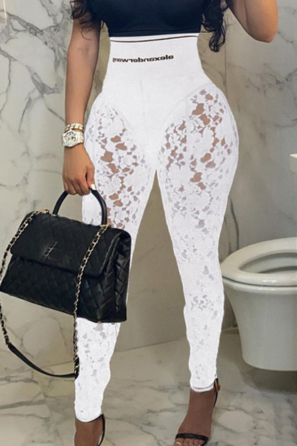 Pantalones lápiz de cintura alta flacos con letras transparentes de patchwork sexy de moda blanco
