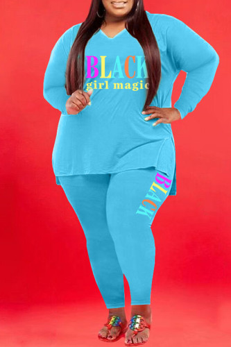 Light Blue Fashion Casual Letter Print Basic V Neck Plus Size Two Pieces