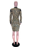 Сексуальные повседневные лоскутные прозрачные платья с леопардовым принтом и круглым вырезом с длинными рукавами