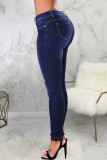 Темно-синие модные повседневные однотонные базовые джинсы скинни с высокой талией