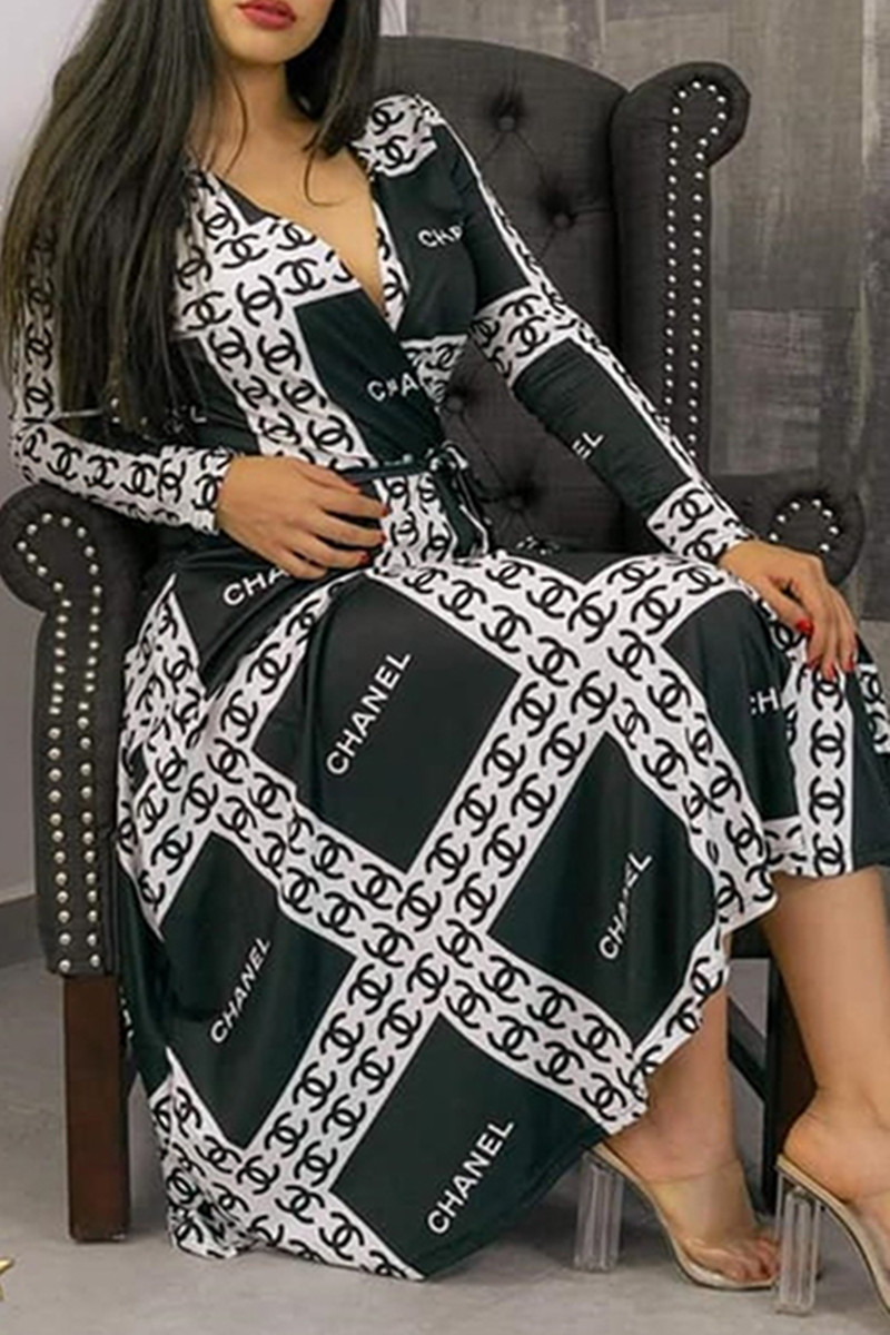 

Black Fashion Casual Print With Belt V Neck Long Sleeve Dresses