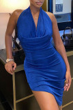 Blauwe mode sexy effen rugloze halter mouwloze onregelmatige jurk