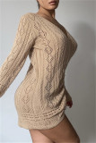 Khaki Sexy Casual Solid Hollowed Out Tear V Neck Long Sleeve Dresses