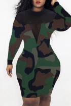 Camouflage sexy casual print patchwork doorzichtige O-hals jurken met lange mouwen