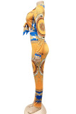 Голубой сексуальный принт бинты в стиле пэчворк с V-образным вырезом и длинными рукавами из двух частей