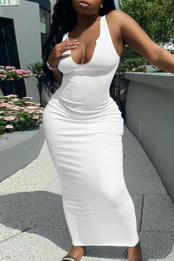 Белое модное сексуальное однотонное базовое платье-майка с v-образным вырезом