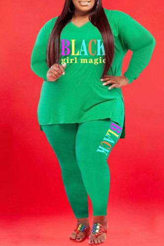 Green Fashion Casual Letter Print Basic V Neck Plus Size Two Pieces