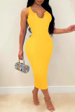 Vestido colete amarelo fashion sexy sólido básico com decote em V