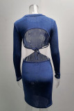 Blue Fashion Sexy Solid Hollowed Out O Neck One Step Skirt Dresses