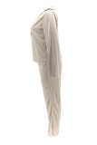 アプリコット ホワイト ファッション カジュアル 無地 ベーシック ターンダウンカラー 長袖 ツーピース