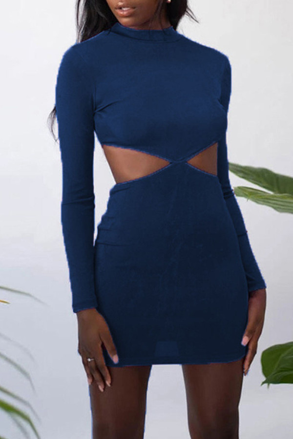 Blaue Mode Sexy Solide Ausgehöhlte O-Ausschnitt One Step Rock Kleider