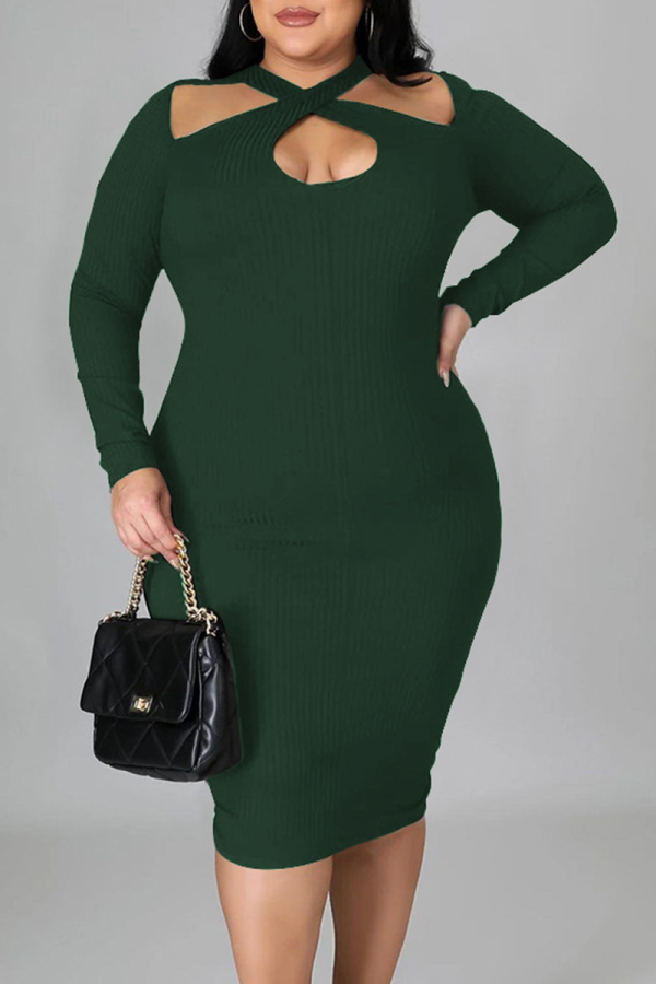 Falda lápiz halter de patchwork sólido sexy verde vestidos de talla grande