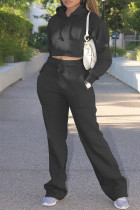 Черный модный повседневный однотонный базовый воротник с капюшоном и длинным рукавом из двух частей