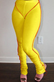Pantalones pitillo de cintura alta ajustados con pliegues de parches lisos informales de moda amarillos