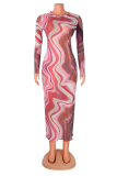 Robes de jupe crayon à col rond et patchwork imprimé sexy rose