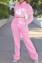 Due pezzi manica lunga colletto con cappuccio basic tinta unita casual moda rosa