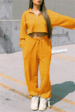 イエロー ファッション カジュアル ソリッド パッチワーク ジッパー カラー ロング スリーブ XNUMX ピース