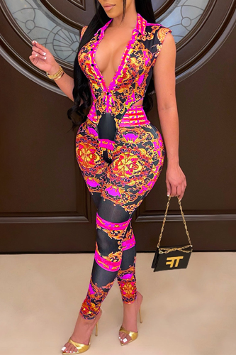 Rose Red Sexy Print Patchwork V Neck Sleeveless Two Pieces
