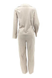 Apricot White Fashion Casual Solid Basic Turndown Collar Long Sleeve Two Pieces