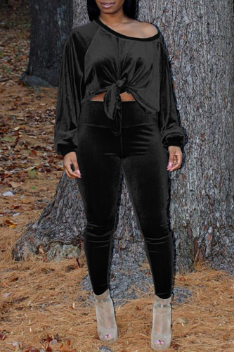 Black Fashion Casual Solid Bandage Oblique Collar Long Sleeve Two Pieces