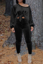 Черная мода Повседневная однотонная повязка с косым воротником с длинным рукавом из двух частей