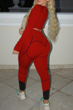 Красный Повседневная спортивная одежда С принтом Пэчворк Круглый вырез Длинный рукав Из двух частей