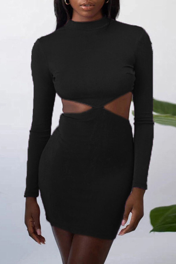 Schwarze Mode Sexy Solide Ausgehöhlte One Step Rock Kleider mit O-Ausschnitt
