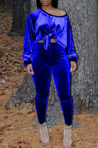 Blue Fashion Casual Solid Bandage Oblique Collar Long Sleeve Two Pieces