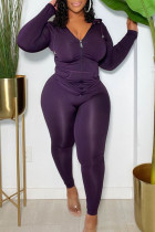 Purple Fashion Sportswear Solid Patchwork Huvkrage Plus Size Two Pieces