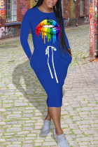 Vestidos de falda de un paso con cuello en O de frenillo con bolsillo de patchwork con estampado informal azul