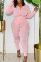 Collare con cappuccio patchwork tinta unita abbigliamento sportivo moda rosa Plus Size Due pezzi