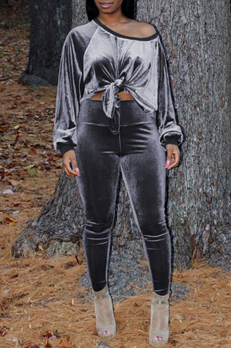 Grey Fashion Casual Solid Bandage Oblique Collar Long Sleeve Two Pieces