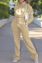 カーキファッションカジュアルソリッドベーシックフード付きカラー長袖ツーピース