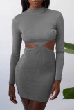 Grey Fashion Sexy Solid Hollowed Out O Neck One Step Skirt Dresses