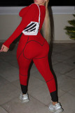 Красный Повседневная спортивная одежда С принтом Пэчворк Круглый вырез Длинный рукав Из двух частей