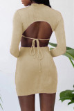 Dark Brown Fashion Sexy Solid Hollowed Out O Neck One Step Skirt Dresses