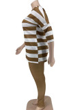Brownness Fashion Casual Striped Print Basic O Neck Plus Size Two Pieces