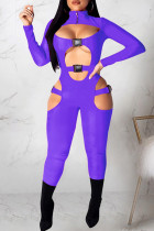 Фиолетовые сексуальные повседневные однотонные облегающие комбинезоны с водолазкой в ​​стиле пэчворк