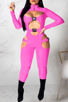 ピンク セクシー カジュアル ソリッド くり抜き パッチワーク タートルネック スキニー ジャンプスーツ