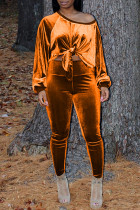 オレンジ ファッション カジュアル 無地 包帯 斜め襟 長袖 ツーピース