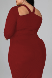 Burgundy Sexy Solid Patchwork Halter Pencil Skirt Plus Size Dresses