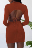 Оранжевые модные сексуальные сплошные выдолбленные платья с круглым вырезом и юбкой на один шаг