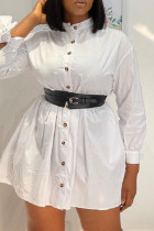 White Fashion Casual Solid Basic Turndown Collar Shirt Dress